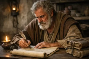 Apostle Peter writing the letter of First Peter to persecuted Christians in the early church.