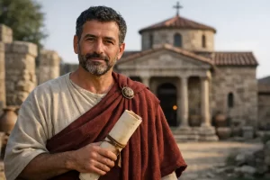 The Apostle Paul writing the letter to Philemon while Onesimus prepares to return to his master.