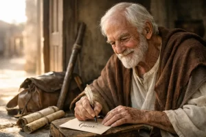 Illustration of the apostle John writing letters to early Christian churches about truth and love.
