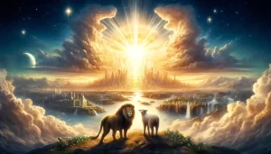 Apostle John receiving the Revelation vision of Christ on the island of Patmos.