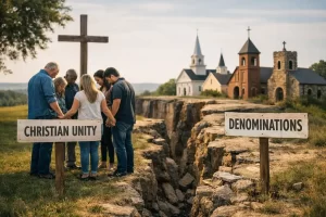 Illustration representing christian unity vs denominations and the diversity of global Christianity.