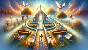 Christian wedding ceremony conducted by a minister with bride and groom before congregation.