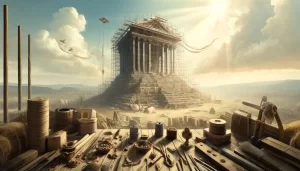 Ancient Jewish workers rebuilding the temple in Jerusalem during Haggai’s time.