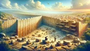 Illustration of Nehemiah overseeing the rebuilding of Jerusalem’s walls after the exile.