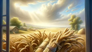 Ruth gleaning barley in the fields of Bethlehem during harvest under the watch of Boaz.