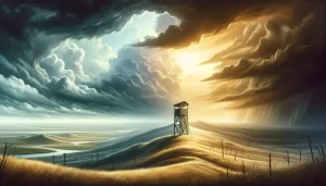 Prophet Habakkuk praying as Babylon rises and Judah faces judgment.