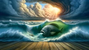 Prophet Jonah being swallowed by a great fish in the sea during a storm.