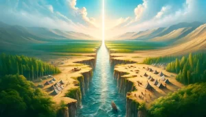 Joshua leading Israel across the Jordan River toward the Promised Land.