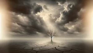 Destruction of Jerusalem with a grieving figure overlooking the ruins.