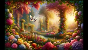 Biblical era bride and groom in a vineyard landscape representing the Song of Solomon.