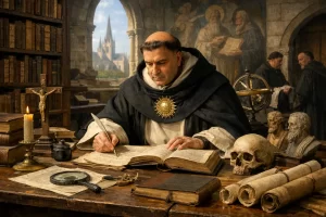 Thomas Aquinas shaping Christian theology through Scholasticism and natural theology.