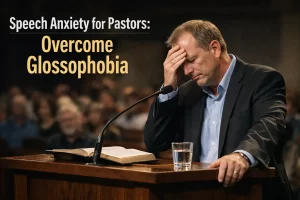 Christian pastor overcoming speech anxiety for pastors while preaching confidently.