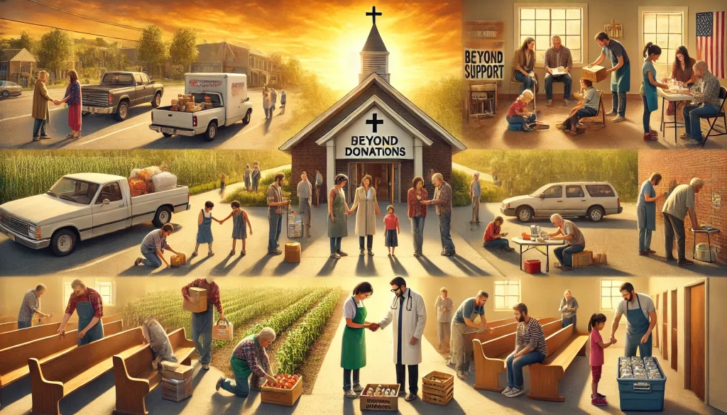 Funding Ministry: Biblical Ways to Support Without Donations 2 Community Engagement: A group of diverse individuals engaged in active ministry work, such as delivering food, repairing a church, or mentoring youth. Skills-Based Contribution: A skilled carpenter fixing a church pew, a teacher tutoring children, and a doctor offering free checkups—emphasizing support beyond financial donations. Fellowship & Encouragement: A prayer circle where people support each other emotionally and spiritually, symbolizing encouragement as a form of ministry support. Church & Outreach Setting: A vibrant, welcoming church environment with outreach initiatives, such as people packing supplies, a community garden, or volunteers at a shelter. Symbolism of Faith & Giving: A warm, golden sunset illuminating the scene, symbolizing hope, generosity, and the diverse ways people can serve in ministry.