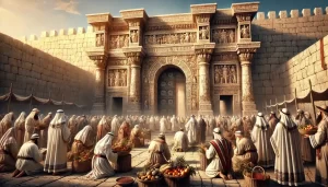 Picture of the Holy Temple Gates of Israel and the courts, with people offering thanksgiving and praise. National Association of Christian Ministers