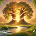 Are Soul Ties Biblical? What Scripture Really Says 8 are soul ties biblical what are soul ties in the Bible breaking soul ties scripture Christian view on soul ties emotional and spiritual soul ties landscape image depicting the Christian concept of soul ties from a theological and ministry perspective. The scene shows two large, ancient oak trees standing on opposite sides of a gently flowing river, their branches mysteriously intertwined in mid-air over the water. Golden light from a sunset bathes the landscape, creating a warm, spiritual atmosphere. A glowing, semi-transparent cord of light connects the trunks of the two trees, visibly pulsing as if alive, representing a deep, spiritual connection. In the foreground, the riverbank is rich with lush green grass, and small blooming white lilies suggest purity and divine presence. On each side of the river, there are paths that lead to the trees, indicating the journey people take toward deep spiritual connections. A distant chapel stands on a hill behind the trees, subtly indicating the presence of God and the Church in understanding these ties. National Association of Christian Ministers