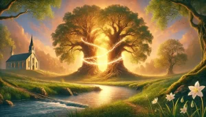 are soul ties biblical what are soul ties in the Bible breaking soul ties scripture Christian view on soul ties emotional and spiritual soul ties landscape image depicting the Christian concept of soul ties from a theological and ministry perspective. The scene shows two large, ancient oak trees standing on opposite sides of a gently flowing river, their branches mysteriously intertwined in mid-air over the water. Golden light from a sunset bathes the landscape, creating a warm, spiritual atmosphere. A glowing, semi-transparent cord of light connects the trunks of the two trees, visibly pulsing as if alive, representing a deep, spiritual connection. In the foreground, the riverbank is rich with lush green grass, and small blooming white lilies suggest purity and divine presence. On each side of the river, there are paths that lead to the trees, indicating the journey people take toward deep spiritual connections. A distant chapel stands on a hill behind the trees, subtly indicating the presence of God and the Church in understanding these ties. National Association of Christian Ministers