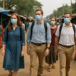 Travel Risk Report 2025: India Religion, Mission, Risks 3 Christian missionary team walking in rural India marketplace taking safety precautions in public. NACM Manual to Ministry, National Association of Christian Ministers