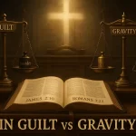 Sin Guilt vs Gravity: What the Bible Really Teaches 3 Title: Sin Guilt vs Gravity: courtroom allegory, Christian theology hero image Prompt: Create a cinematic and reverent illustration for a Christian article titled "Sin Guilt vs Gravity". Scene: a classical courtroom of dark wood and stone. Foreground: an open Bible on a judge’s bench, with clearly legible book labels "James 2:10" and "Romans 3:23" on ribbon bookmarks. Midground: two separate scales of justice placed symmetrically left and right. Left scale label "Guilt": two identical dark weights labeled "lie" and "murder" hang in perfect balance to symbolize equal guilt before God. Right scale label "Gravity": a small brass weight labeled "lesser" sits high while a large iron weight labeled "greater" sits low to symbolize different moral gravity and consequences. Background: a soft cross-shaped beam of light from above suggests God’s perfect justice and omniscience; faint stone-tablet motif evokes the Law. Style: high-detail digital painting, warm parchment and gold tones, soft rays, shallow depth of field, clean readable labels, no faces, no gore, no modern signage, no cheesy stock look. Mood: solemn yet hopeful. Composition: Bible centered, two scales flanking, leading lines toward the cross-light. Aspect ratio: 16:9. Resolution: 3000x1688 or higher. National Association of Christian Ministers