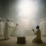 Shekinah Glory (Term) Defined and Explained 8 "Shekinah Glory." Discover the meaning, Hebrew origin, and biblical foundation of Shekinah Glory, the visible presence of God dwelling among His people. Hyper-realistic, cinematic portrayal of the moment the priests place the Ark of the Covenant in Solomon’s Temple and the Shekinah Glory fills the inner sanctuary. The vast temple interior of carved cedar and gilded accents glows subtly with diffused daylight filtering through the haze. A dense, luminous cloud of divine presence fills the air, soft white and silvery light pulsing with living energy, rolling gently like mist illuminated from within. The priests and Levites in white linen robes stand motionless, faces awestruck, some shielding their eyes from the brightness. King Solomon kneels in reverence near the great bronze altar as faint incense smoke mingles with the glory cloud. The Ark rests beneath outstretched golden cherub wings, only partially visible through the radiant mist. The atmosphere feels sacred, still, and weighty, cool neutral tones with natural light balance, photorealistic texture of stone and wood, 85 mm lens depth, cinematic realism, 8 K detail, no text or symbols. NACM Manual to Ministry. National Association of Christian Ministers.