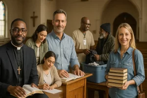 A diverse group of Christian ministers serving in various roles pastor, teacher, administrator, missionary, evangelist, and chaplain working together in ministry within a church setting.