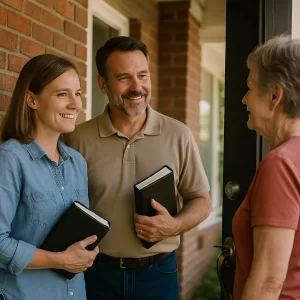 hyper realistic scene of door to door evangelism with Christians holding Bibles illustrating the urgency of Christian evangelism. urgency of Christian evangelism, door to door evangelism, gospel urgency, compared to politics