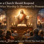 How a Church Should Respond When Worship Is Disrupted 4 Church leaders and congregation responding calmly after a worship service disruption, emphasizing reverence, order, and gospel-centered faithfulness.