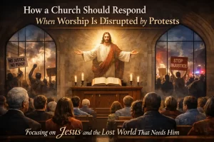 Church leaders and congregation responding calmly after a worship service disruption, emphasizing reverence, order, and gospel-centered faithfulness.