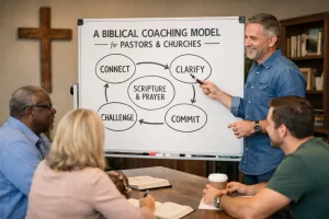 Biblical coaching model showing pastors guiding believers through Scripture based discipleship and spiritual growth.