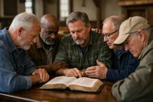 Church elders providing biblical leadership, teaching Scripture, and shepherding a local congregation with prayer and spiritual oversight.
